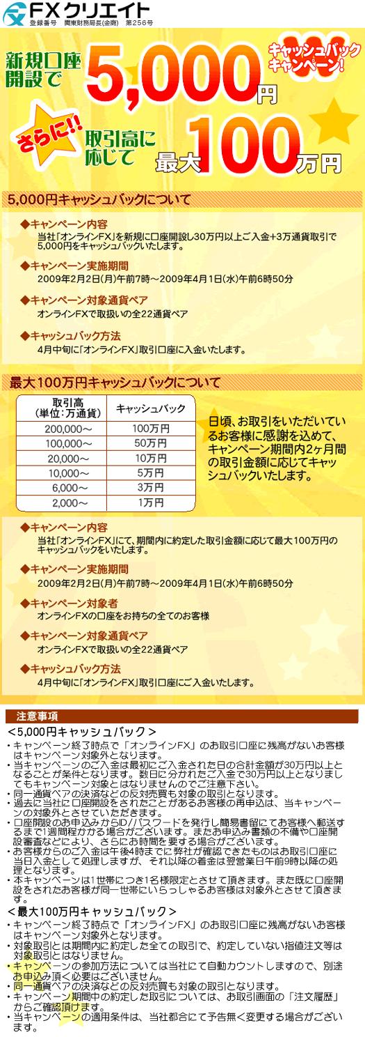 FXクリエイト オンラインFX 現金5000円 五千円 キャッシュバックキャンペーン